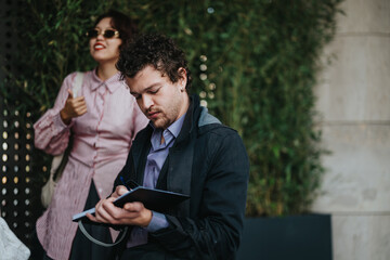 Two business professionals engage in a meeting outdoors, capturing a moment of focus and collaboration. The setting combines urban sophistication and nature, emphasizing teamwork among a diverse group