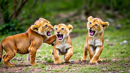 Playful lion cubs entertainingly gambol providing a delightful scene in the wild with copy space image