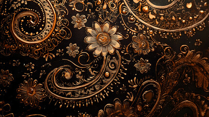 A paisley-inspired henna pattern in dark brown ink on a hand filled with delicate floral details.