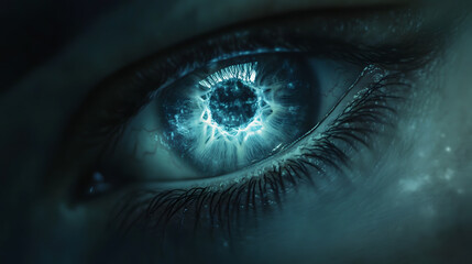 A pale gray eye with a luminous ring of light blue encircling the outer iris.