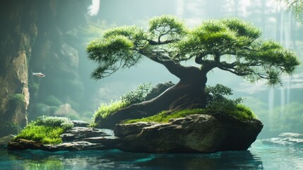 Serene Bonsai Tree on a Misty Lake Island