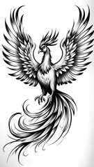 Fototapeta premium Majestic black and white phoenix illustration with detailed feathers in flight