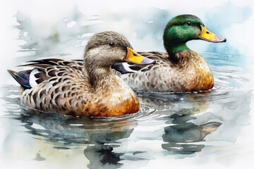 Obraz premium ducks in water watercolor illustration., watercolor style, 