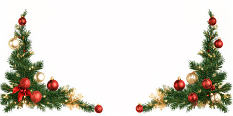Christmas frame border with red and green decorations on white background, Christmas tree branches, gold balls, holly berries, fir cones, snowflakes. Top view, flat lay. Banner design with copy space.
