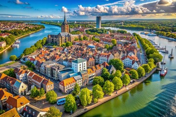 Obraz premium Breathtaking Aerial Panorama of Dordrecht, Netherlands Showcasing the Historic Cityscape and Lush Green Surroundings with Serene Waterways and Stunning Architecture
