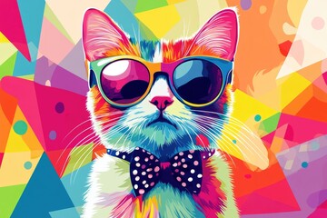 A colorful cat in oversized sunglasses and a polka dot bow tie, surrounded by vibrant geometric shapes