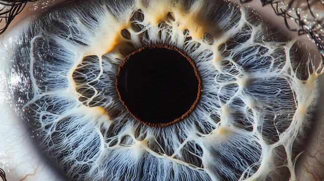 A pale blue-gray eye with intricate web-like patterns around the iris. - Powered by Adobe