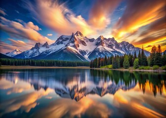 Breathtaking Long Exposure of Majestic Snowcapped Mountain Range Bathed in Warm Sunset Light, Capturing the Beauty of Nature's Splendor