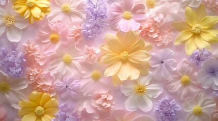 A repeating floral pattern in soft pastel shades of pink yellow and lavender on a fabric background.