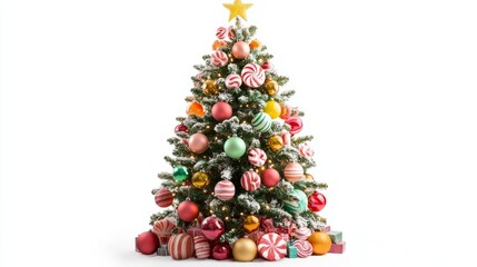 christmas tree and decorations isolated on white