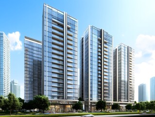 Modern high-rise buildings with glass facades and greenery in an urban setting.
