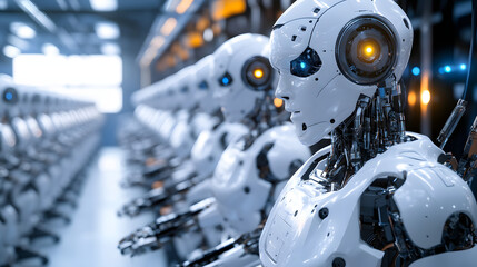 A robotics lab with humanoid robots undergoing testing and adjustments.