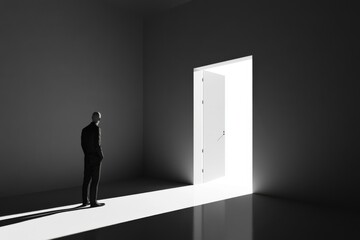 Minimalist Interior Scene, expansive blank room, a man standing by a large window, serene ambiance, uncluttered design, inviting atmosphere, emphasis on simplicity and space