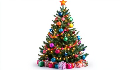 christmas tree and decorations isolated on white