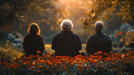 Elderly individuals reflecting in a serene garden during world elder abuse awareness day nature peaceful afternoon light