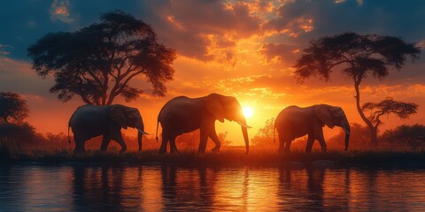 Fototapeta premium Elephants walking at sunset african savannah wildlife photography natural environment inspirational conservation message