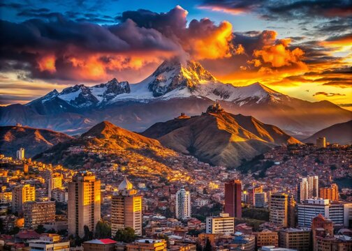 Breathtaking Panorama of La Paz, Bolivia With the Majestic Illimani Mountain in the Background at Sunset, Showcasing the City&rsquo;s Unique Silhouette and Natural Beauty