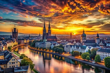 Fototapeta premium Breathtaking Panoramic View of European Skyline Silhouette Against a Colorful Sunset with Iconic Landmarks and City Lights Illuminating the Horizon in a Stunning Urban Landscape