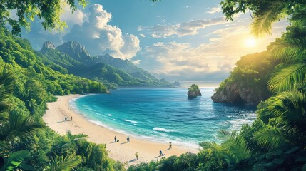Fototapeta premium Volunteers cleaning the beach tropical paradise nature scene coastal environment scenic view environmental awareness