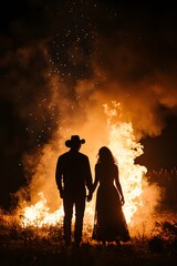 A couple is standing in front of a fire with smoke