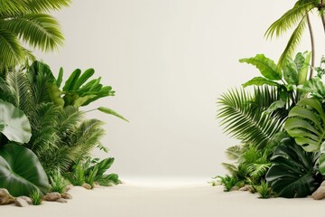 Fototapeta premium Tropical Paradise Escape, A serene sandy beach bordered by vibrant palm trees and lush foliage, offering a tranquil and minimalist setting for relaxation and rejuvenation.