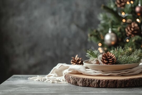 Nordic style Christmas table setting, featuring natural wood, simple linens, and touches of evergreen, minimal background with copy space