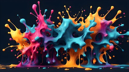 Vibrant pink, blue, and orange paint splashes collide and merge, creating a dynamic abstract artwork against a dark background.