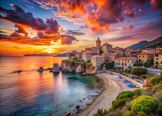 Fototapeta premium Breathtaking Sunset Over the Beach and Village of Algajola in Corsica, Capturing Vibrant Colors and Tranquil Atmosphere of the Mediterranean Coastline