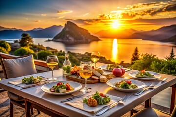 Fototapeta premium Breathtaking Sunset Over the Serene Sea and Majestic Mountains: A Culinary Journey Amidst Nature's Splendor
