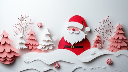 Cheerful Santa Claus Surrounded by Festive Trees and Snowflakes in an Adorable Paper Cutout Style for Holiday Celebrations and Decorations