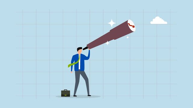 Economic forecast downturn, 4k animation of businessman gazes through a telescope at a declining red arrow graph ahead. 
