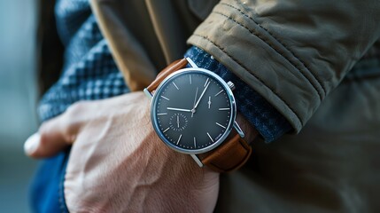 A man wears a silver watch with a black face and brown leather band on his wrist.