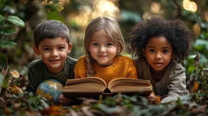 Children engaging with books in a forest setting celebrating world literacy day outdoor learning nature's embrace