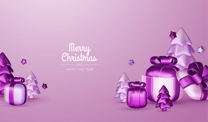 Christmas winter festive composition. Colorful Xmas background realistic 3d decorative design objects, christmas tree, gift boxes, xmas ball, gold confetti. Happy New Year. Vector illustration