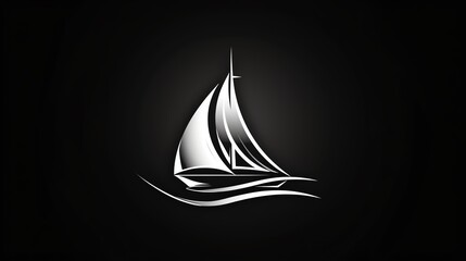 Fototapeta premium A simple, white silhouette of a sailboat on water with a crescent moon in the sky.