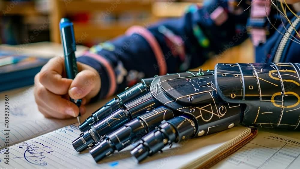 Poster A student uses a cutting-edge prosthetic hand to write in a notebook, showcasing the blend of technology and education in a vibrant classroom.