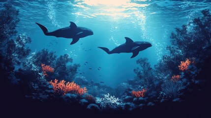 Obraz premium Diving with sharks underwater coral reef marine life exploration ocean environment vibrant ecosystem awareness
