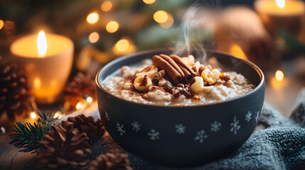 A steaming bowl of Christmas porridge topped with cinnamon nuts and honey.