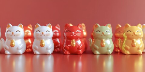 Lucky Cats Smiling on Red Background