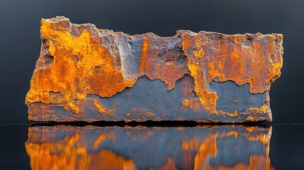 Naklejka premium Rough orange and gray rock specimen with reflection.