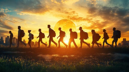Fototapeta premium Human migration journey urban sunset inspirational image conflict zone silhouetted perspective humanity and hope