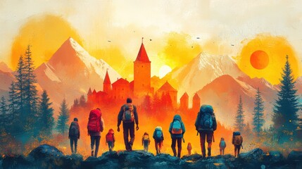 Adventure seekers hiking towards a historic castle at sunset nature landscape scenic viewpoint exploration