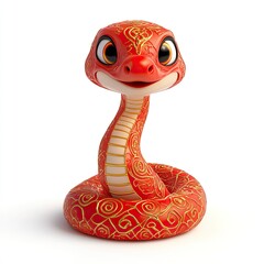 Fototapeta premium cute chinese new year snake, happy expression, red color, 3D, isolated on white background, isolated on a white background, ai