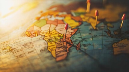 Naklejka premium Close up of Africa on a vintage world map with red pins indicating locations. Concept of travel, adventure, and exploration.