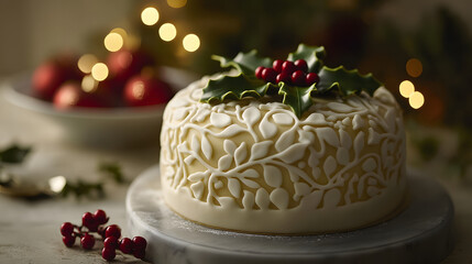 A traditional Christmas cake topped with marzipan and white fondant decorated with holly.