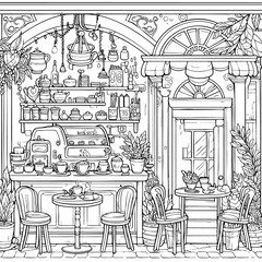 illustration of a cafe interior coloring page	
