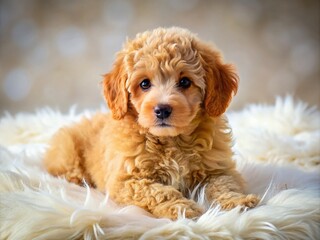 Fototapeta premium Candid Photography of a Graceful Poodle Puppy Lying Comfortably on a Soft Surface, Capturing the Essence of Playfulness and Cuteness in a Natural Setting