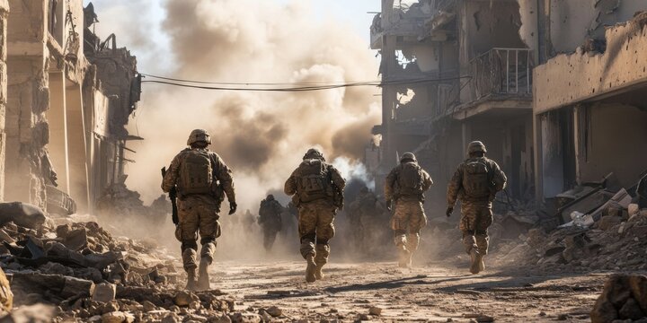 Soldiers in action amidst destruction and chaos. This dramatic scene captures the urgency of conflict and the bravery of armed forces. A powerful depiction of war. AI