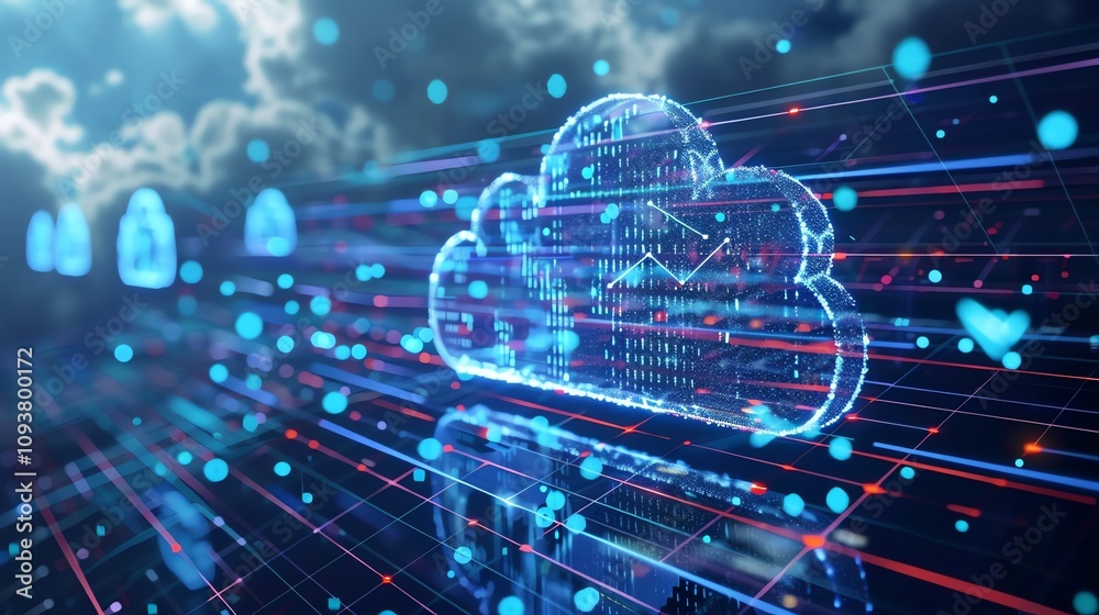 Poster a digital illustration of a cloud with glowing lines and particles, representing cloud computing and