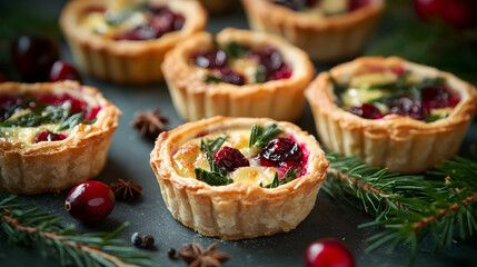 A tray of mini quiches with festive fillings such as cranberry and brie.